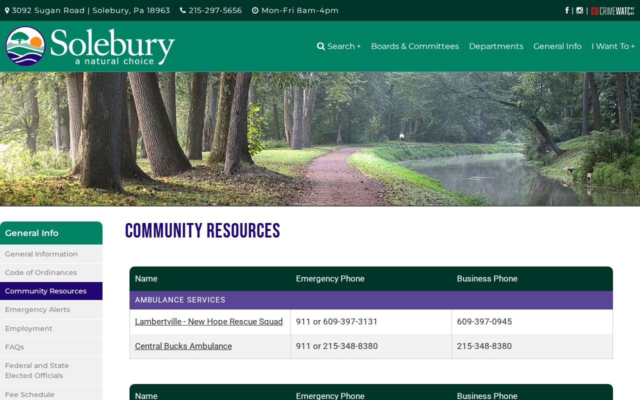Bucks County neighbors Solebury community resources page