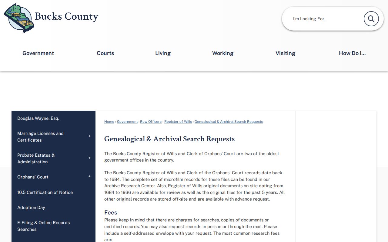 Bucks County previous residents research through Register of Wills archival requests