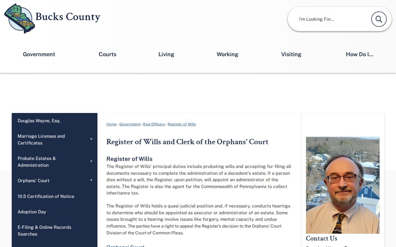 Bucks County resident lookup Register of Wills probate and marriage records office
