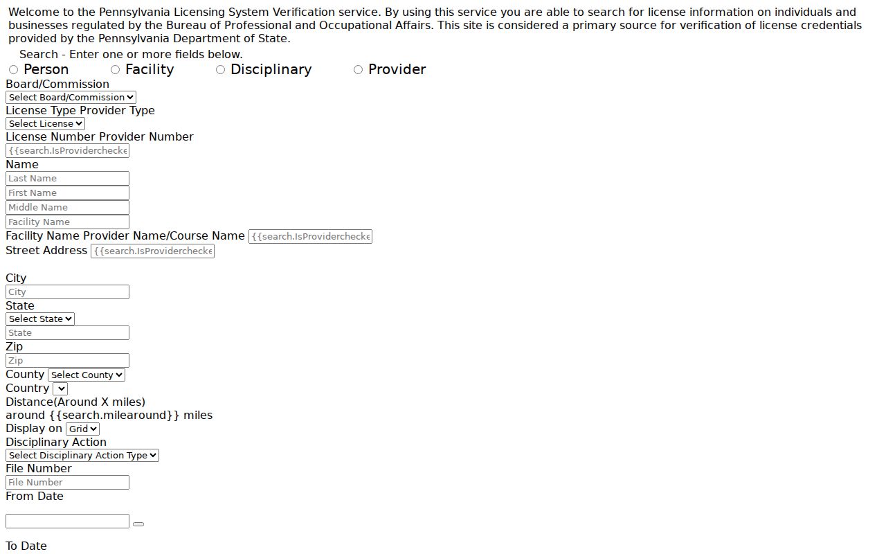 Bucks County resident lookup Pennsylvania professional license search screen